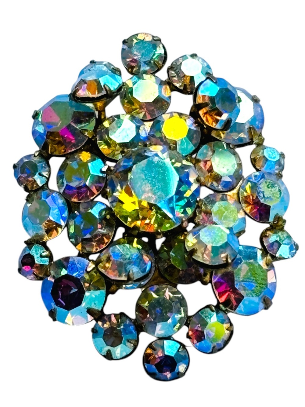 Triad Vintage 1950s AB Aurora Borealis Rhinestone Cluster Brooch 1.75” Gold